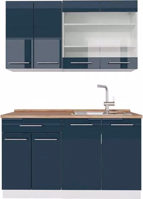 Mobili da cucina Fame-Line Blu scuro lucido/Bianco 140 cm, PL Rovere Vicco