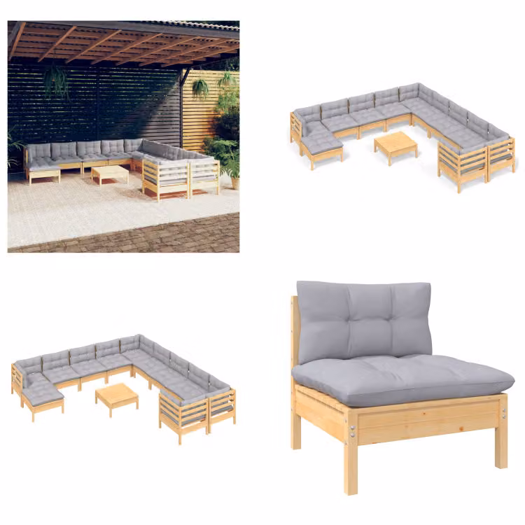 vidaXL 12 pezzi set salotto da giardino con cuscini grigi in legno di pino - Set salotto da giardino - Set salotto da giardino - Set mobili da giardino - Set mobili da giardino