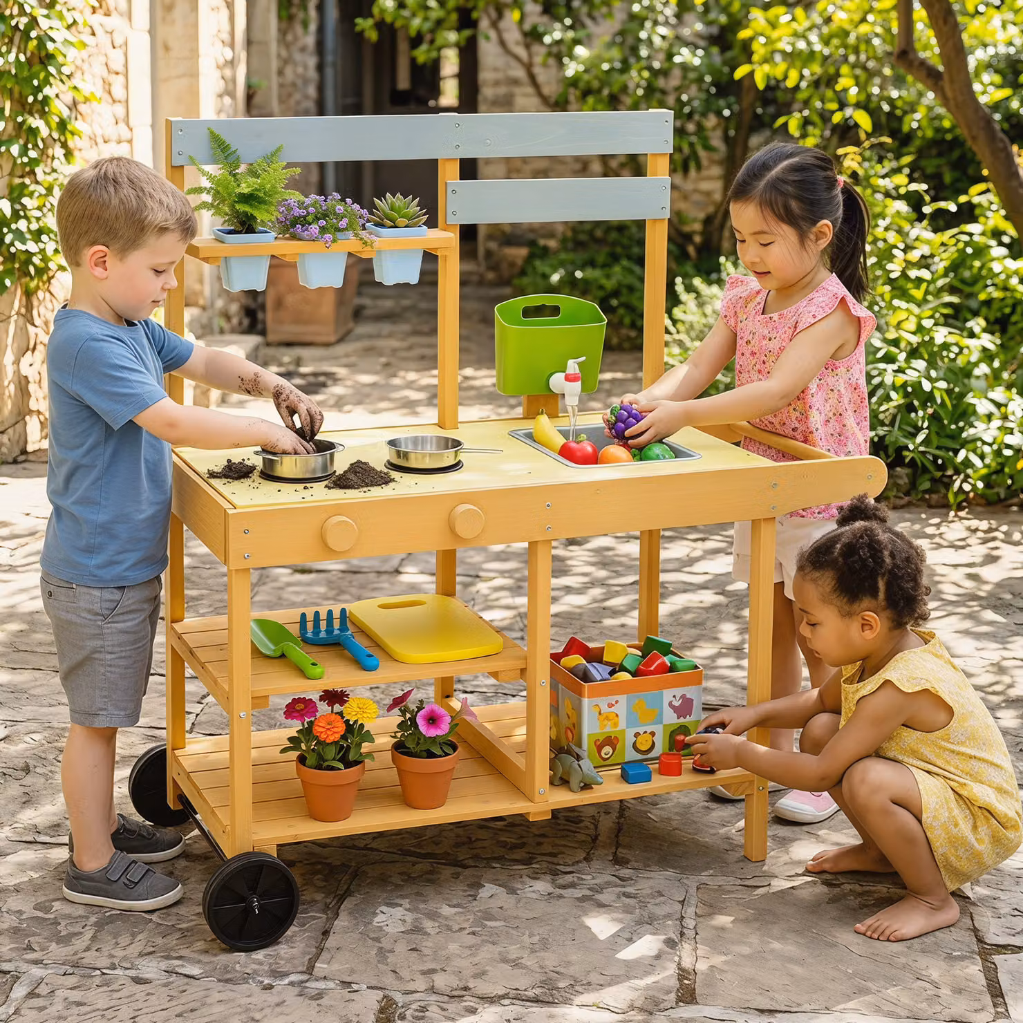 Cucina giocattolo in legno Costway per bambini con vasi, padella e utensili, multicolore
