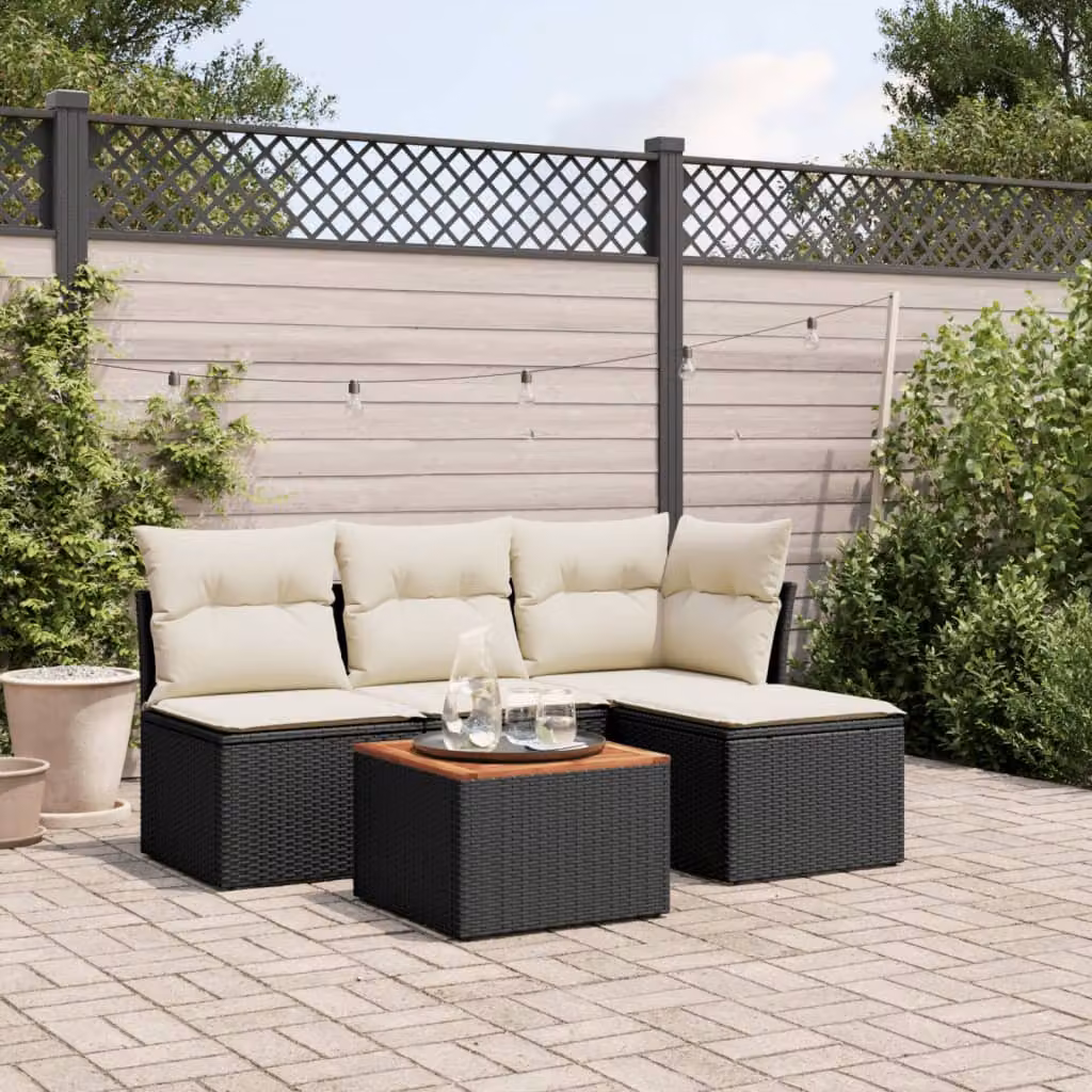 vidaXL Set Divani da Giardino 5 pz a Forma a L in Polyrattan Nero con Cuscini e Tavolino da Esterno – 1