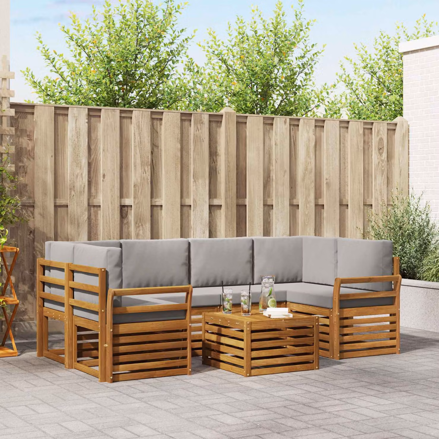 Set di divani da esterno moderno vidaXL in legno di acacia, 7 pezzi, Grigio e Marrone