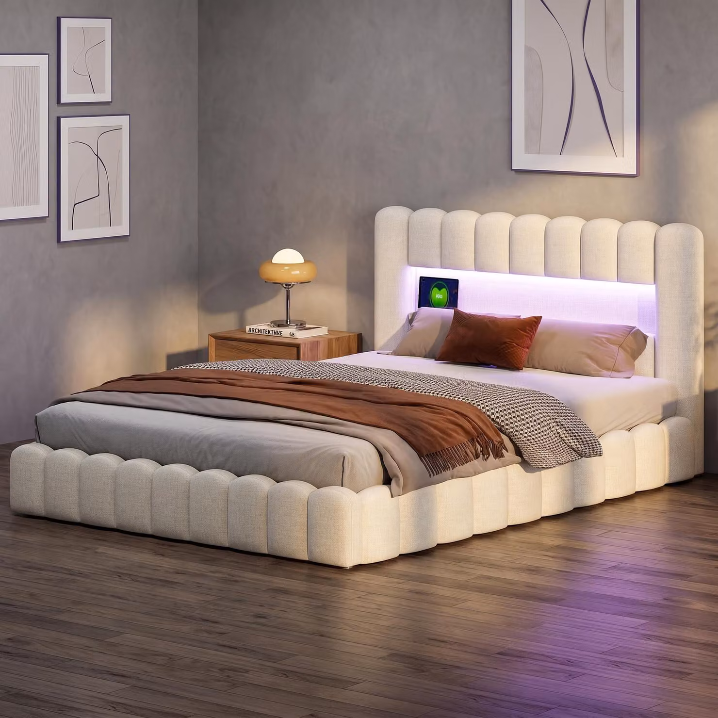 Letto imbottito INONEFT 140x200 cm con contenitore, letto matrimoniale a molle con LED e USB, letto per ragazzi multifunzionale con rete a doghe, in lino, color beige