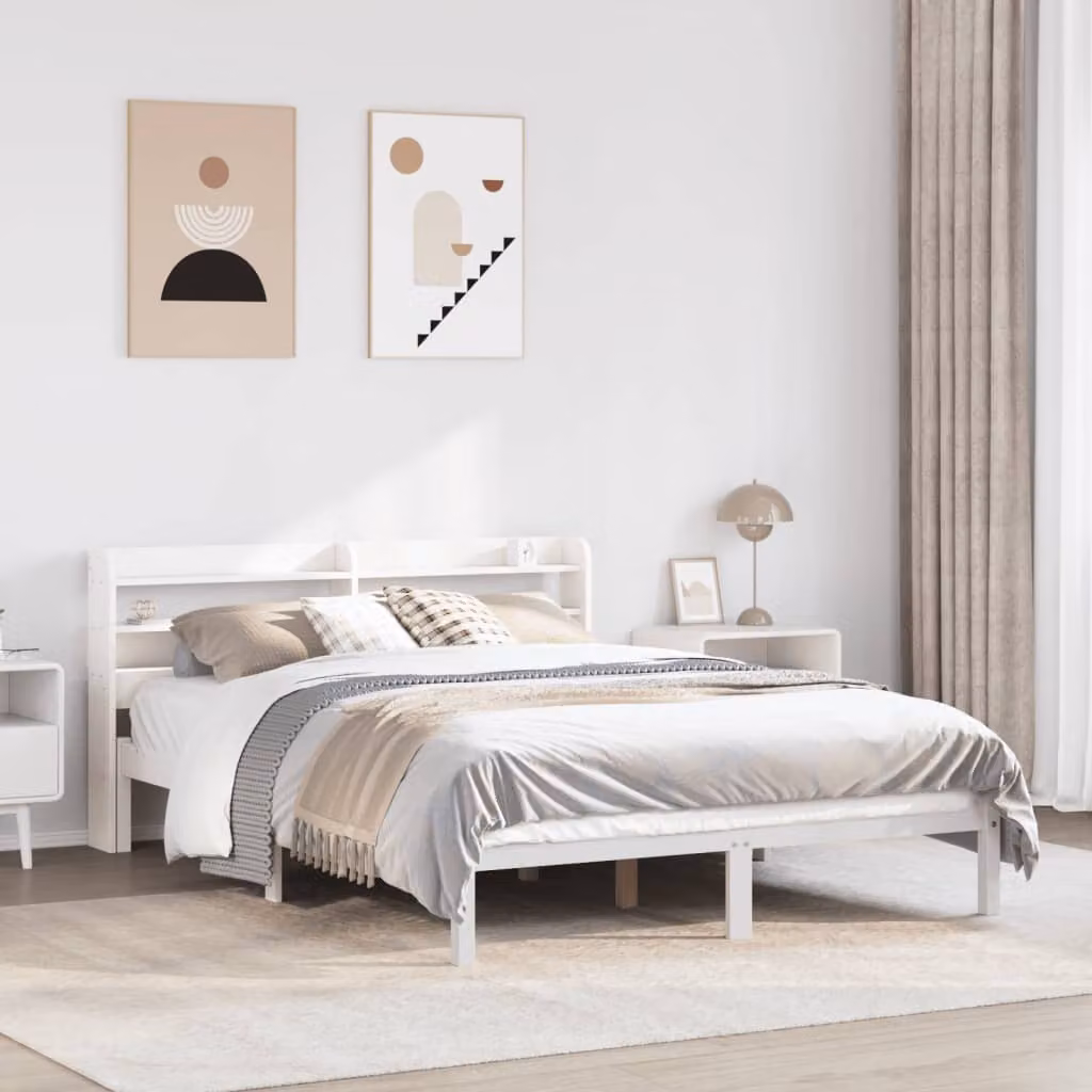 vidaXL Letto in Legno Massello di Pino Bianco con Ripiani Laterali L/P/H: 190 x 140 x 82 cm – 1