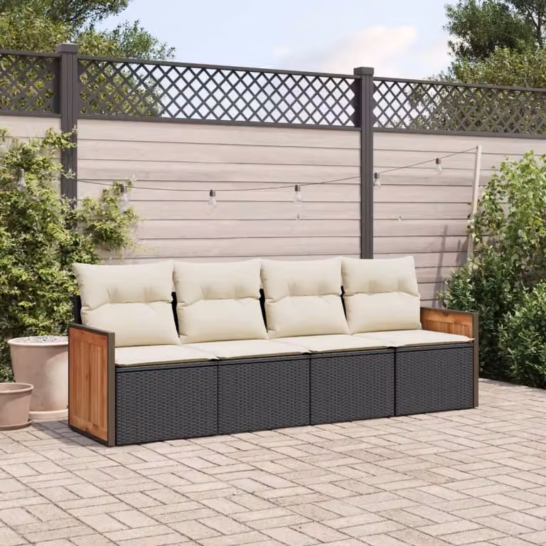 Set di Divani da Giardino vidaXL 4 Pezzi con Cuscini, Polyrattan e Struttura in Acciaio Verniciato a Polvere, Nero e Bianco