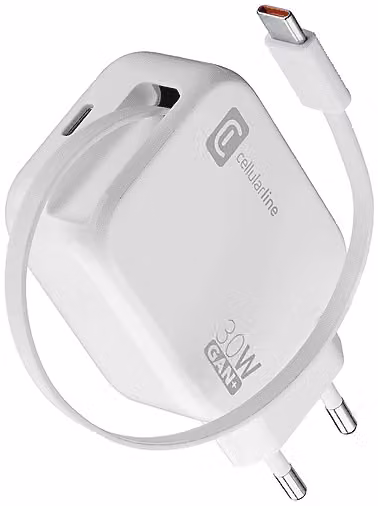 Caricabatteria Cellularline Retractable Power 30W con USB-C, Bianco