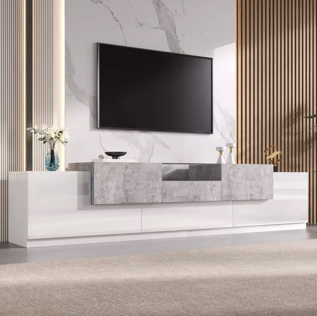 Mobile TV moderno per soggiorno bianco lucido e grigio cemento con inserti in vetro, L: 200 cm, P: 48,5 cm, H: 33 cm