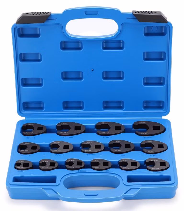 Set di chiavi a bussola "Crows Foot" da 15 pezzi - 8-24 mm - Acciaio al carbonio - Antiruggine - Resistente - Adatto per cricchetti