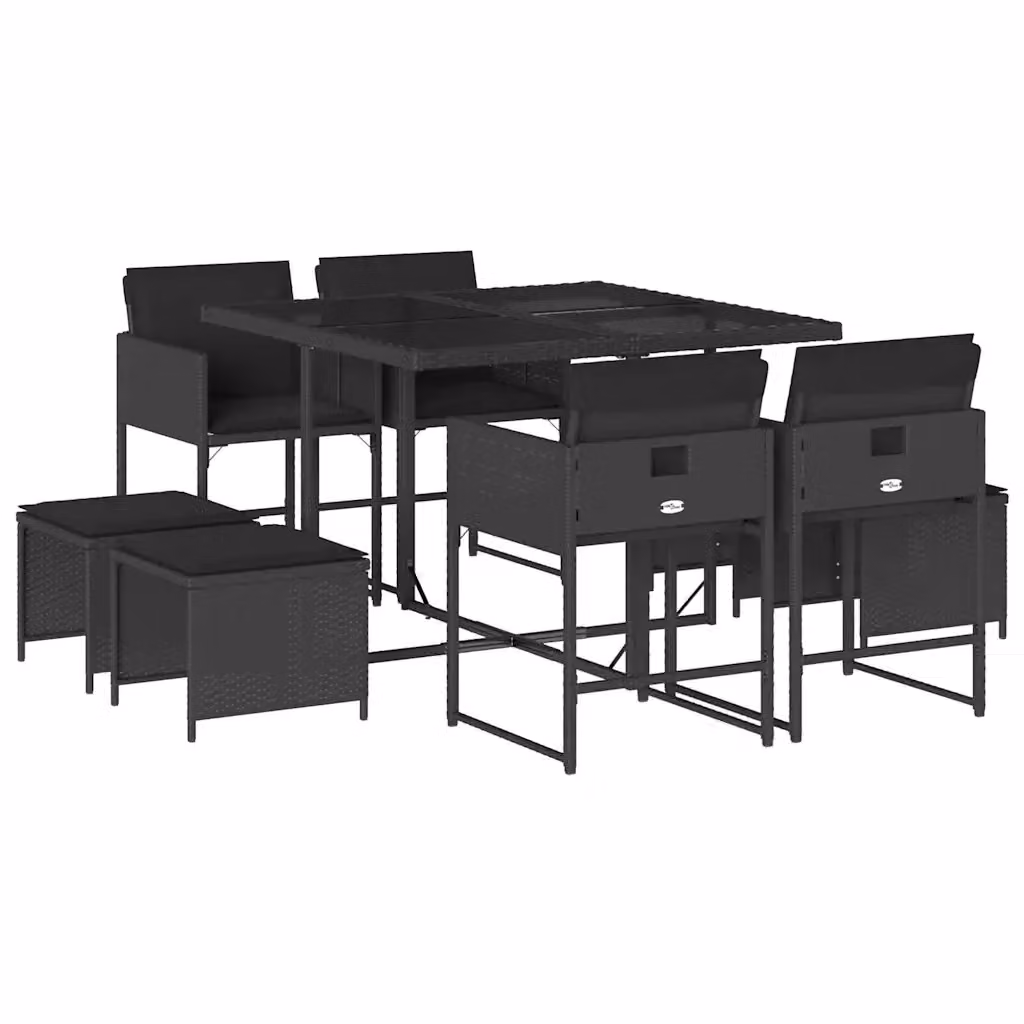 Set da Pranzo da Giardino vidaXL 9 pz in Polyrattan Nero con Piano in Vetro e Cuscini – 2