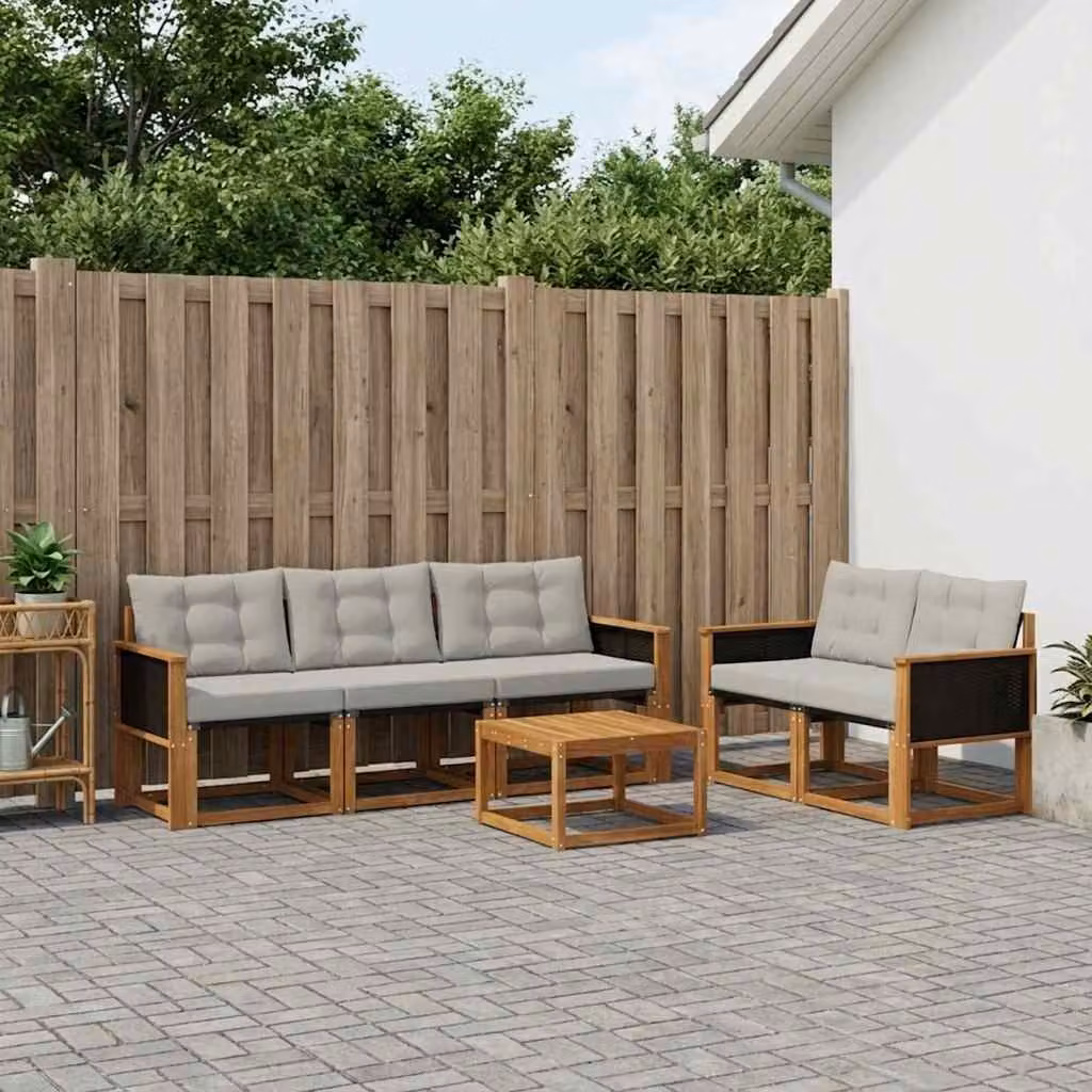 Set di divani da esterno vidaXL 7 pz in legno di acacia con tavolino e cuscini, Colore Beige e Grigio Chiaro