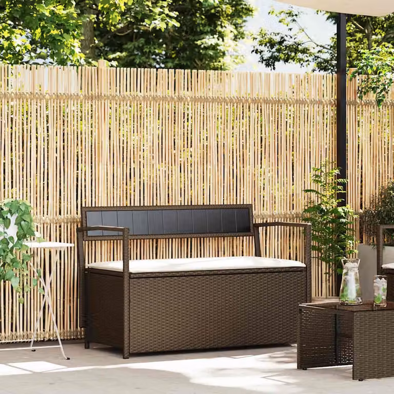 vidaXL Panca Portaoggetti da Giardino in Polyrattan con Cuscini, Marrone e Bianco
