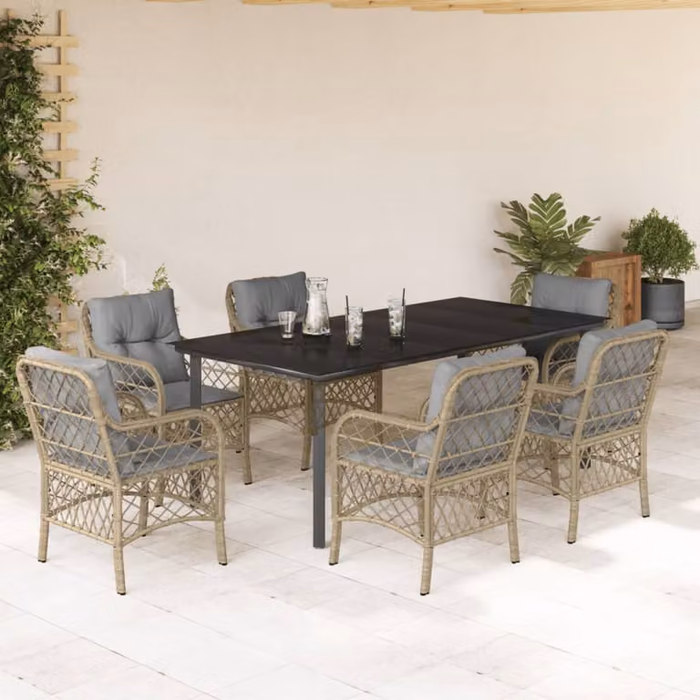 Set Pranzo da Giardino vidaXL in Polyrattan con Cuscini Beige Misto e Tavolo in Vetro 7 pz