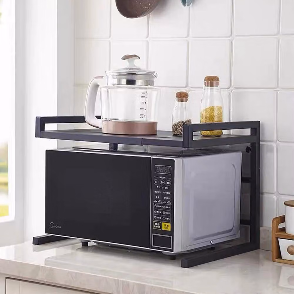 Scaffale per microonde - Scaffale da cucina - Estraibile - 2 ripiani - Acciaio - 45–66×35×43 cm - 3 ganci - Nero