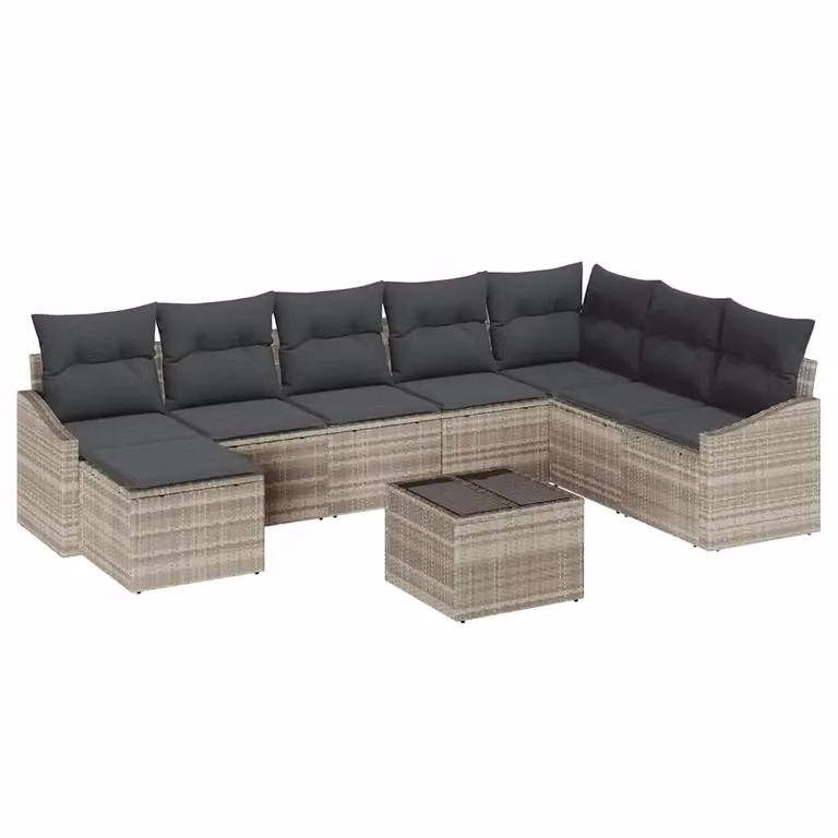 Set di divani da giardino a L con tavolino e pouf vidaXL in polyrattan grigio con cuscini inclusi