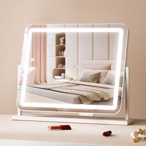 VEVOR Specchio per Trucco Illuminato con LED Bianco, 3 Modalità di Illuminazione, Controllo a Tocco e Specchio Ingranditore 5X Rimovibile, Rotazione a 360°, L: 54,7 cm x P: 44,7 cm