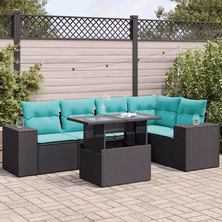 Set di divani da giardino vidaXL in polyrattan con cuscini e tavolino da esterno a forma di U, colore nero e acacia