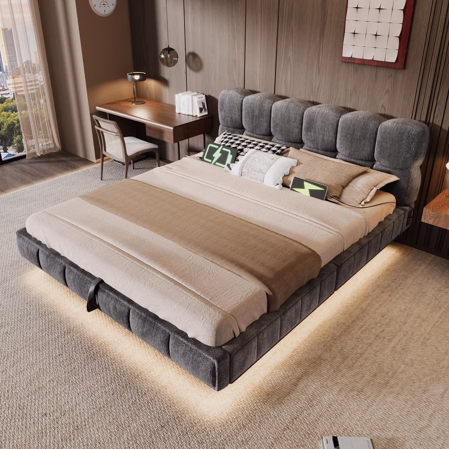 Letto imbottito Flieks 140x200 cm con USB e porta Type-C, letto con sistema di sollevamento idraulico e contenitore, rivestito in ecopelle, letto matrimoniale per ragazzi con spazio contenitore, letto con sistema idraulico, rivestito in tessuto chenille,