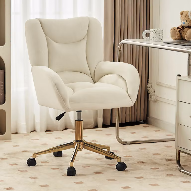 STILVORA: Sedie girevoli con altezza regolabile e imbottitura, sedie da ufficio con gambe dorate, poltrone imbottite per soggiorno e camera da letto, color avorio