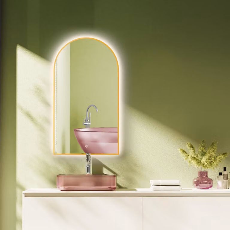 Specchio da bagno a LED, forma curva, 50x90 cm, cornice dorata, interruttore touch