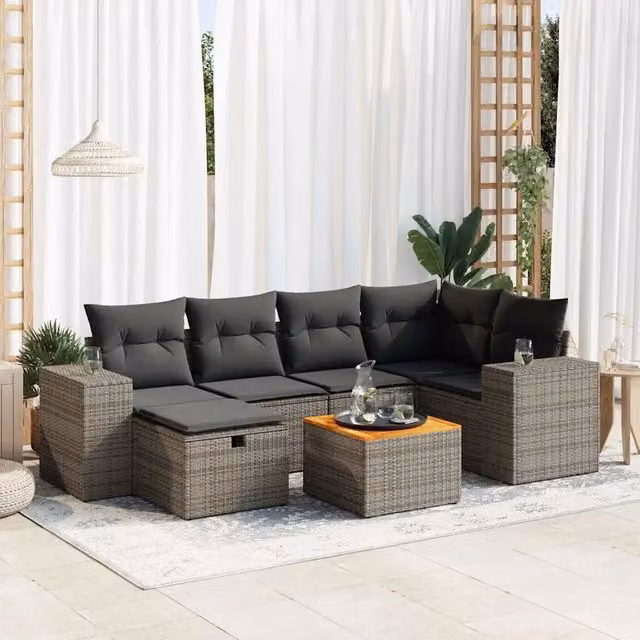 Set Divani da Giardino 7 pz con Cuscini Grigio in Polyrattan 3325875