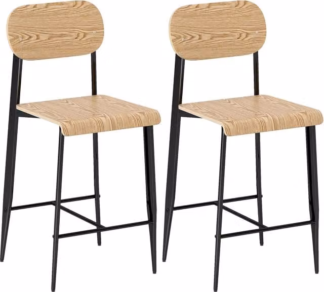 Set di 2 Sedie da Bar con Schienale ¨C Minimal ¨C Legno Naturale e Struttura in Metallo