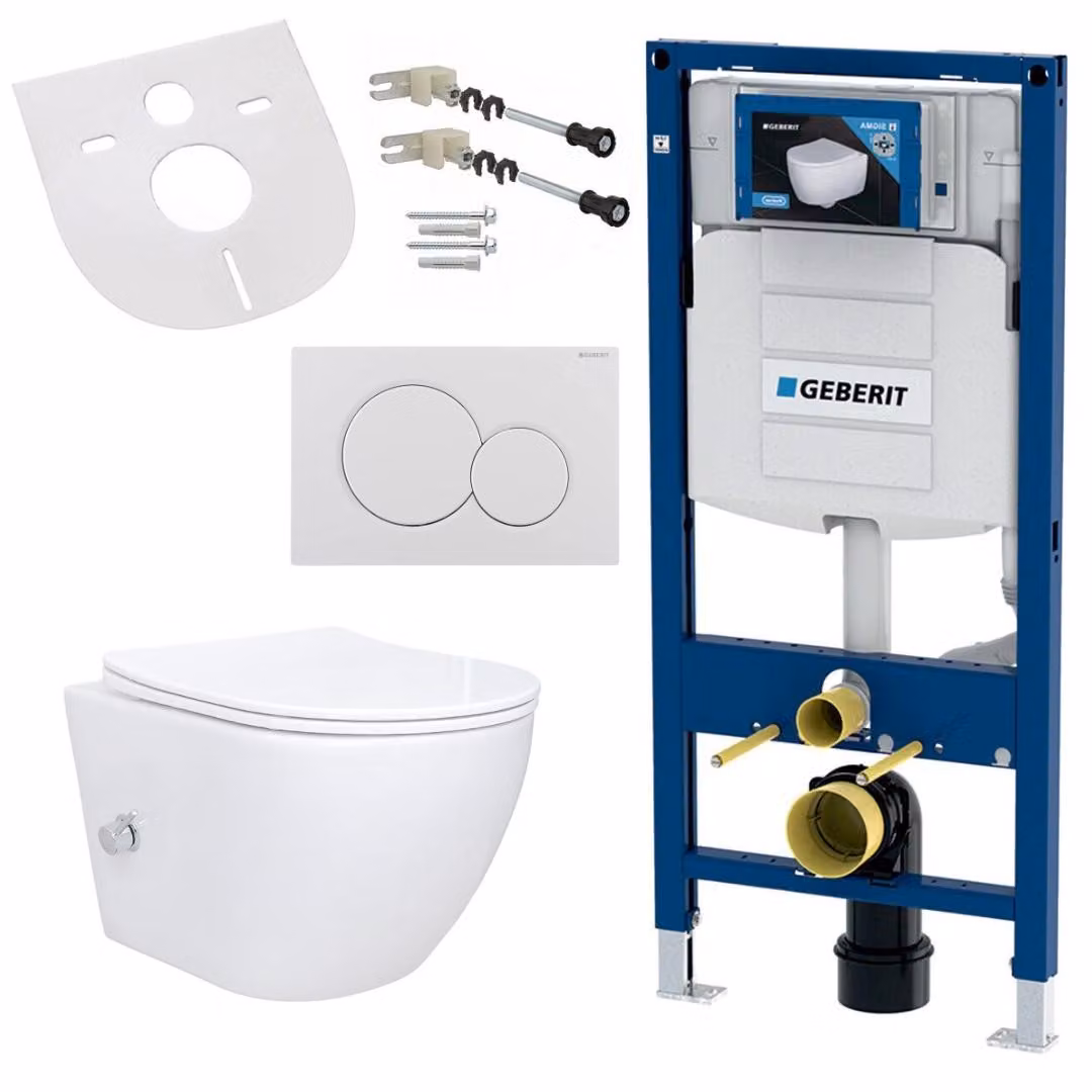 Set completo per WC Geberit AL55800-SET, elemento a parete, coperchio con chiusura ammortizzata e piastra di risciacquo 3/6 L, sospeso, premontato, portata 400 kg, WC in Vetroceramica