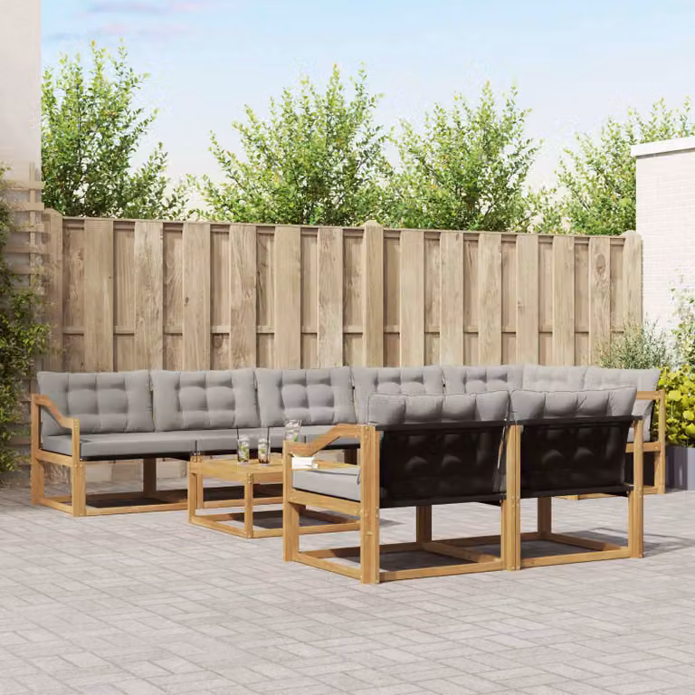 Set di divani da esterno vidaXL a forma di U composto da 9 pezzi con tavolo da caffè, realizzato in legno di acacia e tessuto textilene, colori bianco, grigio e marrone