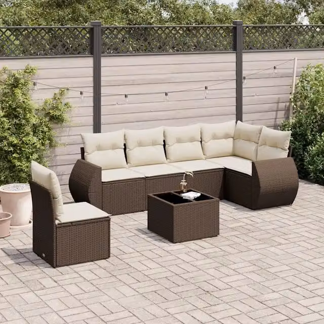 Set Divani da Giardino 7 pz con Cuscini Marrone in Polyrattan 3221442