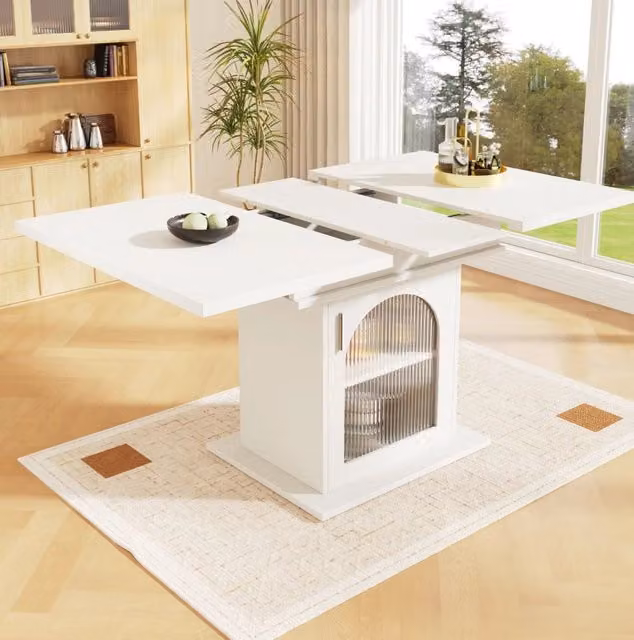 Tavolo da pranzo allungabile 110-140x80 cm con 3 ripiani e ante in vetro; bianco