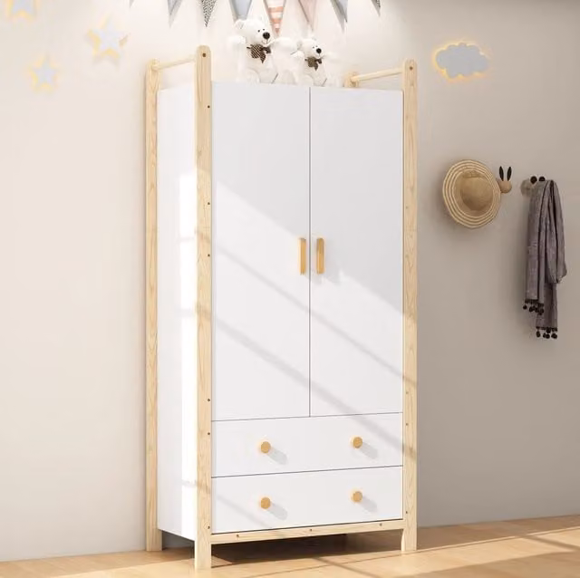 Armadio a 2 ante con barra appendiabiti e 2 cassetti in legno e MDF colore naturale e bianco