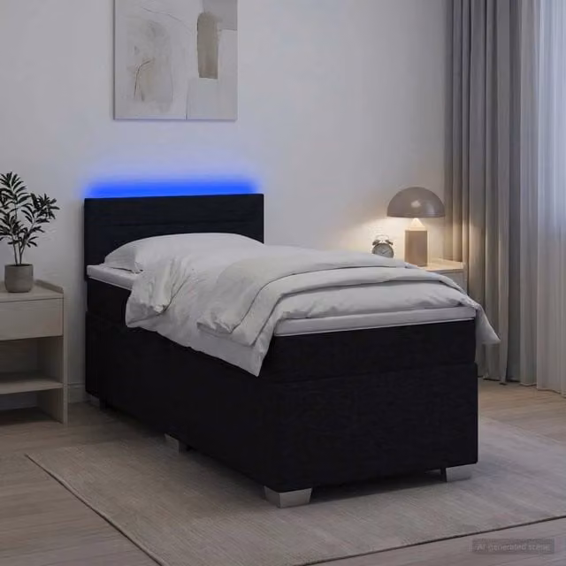 Letto Box Spring vidaXL con Materasso Ibrido e Illuminazione LED Sotto il Letto, Tessuto Nero, L/P/H: 200 x 90 x 88 cm
