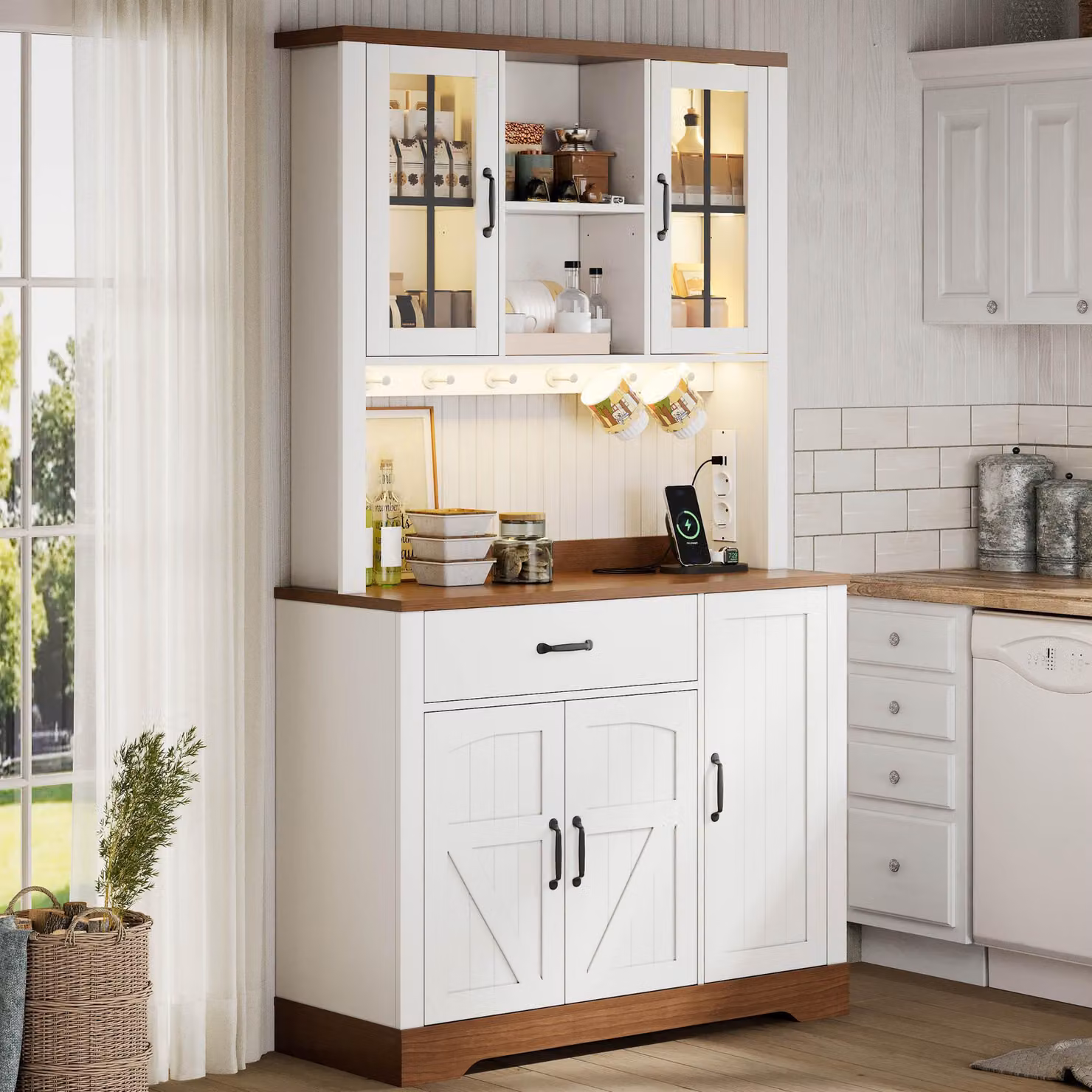 MODFU Mobile da cucina con illuminazione a LED e prese elettriche Mobile contenitore con ripiani regolabili e cassetti Mobile alto con ganci in acciaio inossidabile, bianco naturale