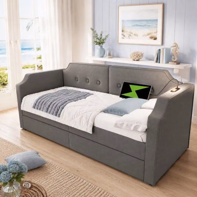 Letto imbottito 90x200 cm in velluto grigio con 2 cassetti, lampada da lettura e porta USB Type-C, struttura in legno con rete a doghe, senza materasso