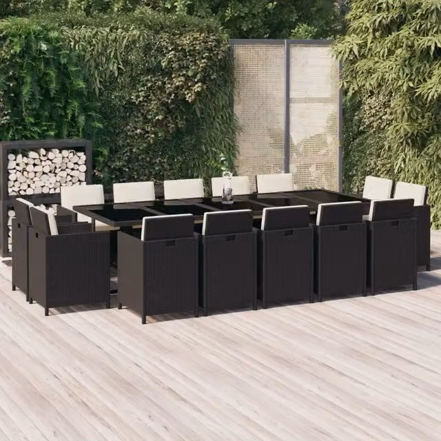 Set da pranzo da giardino moderno vidaXL in polyrattan con tavolo rettangolare in vetro estensibile e cuscini, nero e bianco – 1