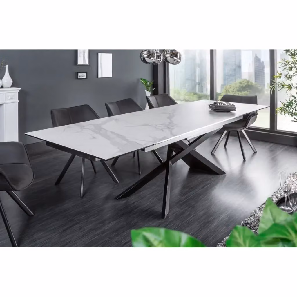 Tavolo da pranzo estendibile Meublorama STELIX con piano in ceramica effetto marmo bianco e vetro temperato e gambe in metallo nero – 2