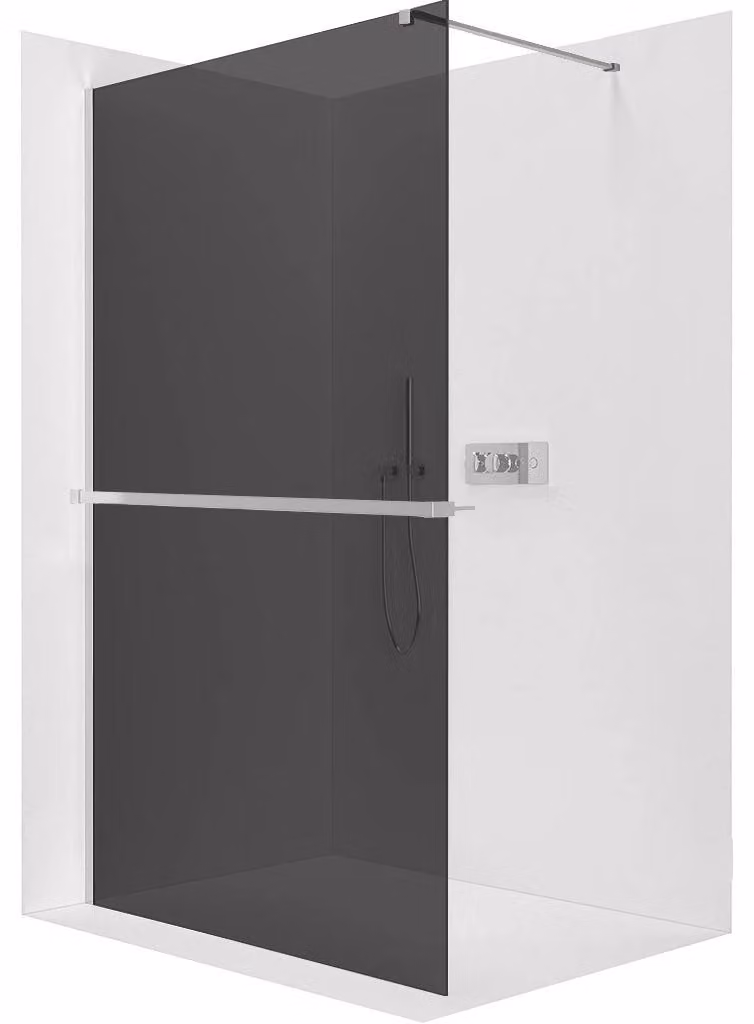 Pannello doccia angolare Walk-in Onyx Cube L/P - 8 mm + ripiano/portasciugamani - montante quadrato - cromo, vetro grigio - 130x200 cm