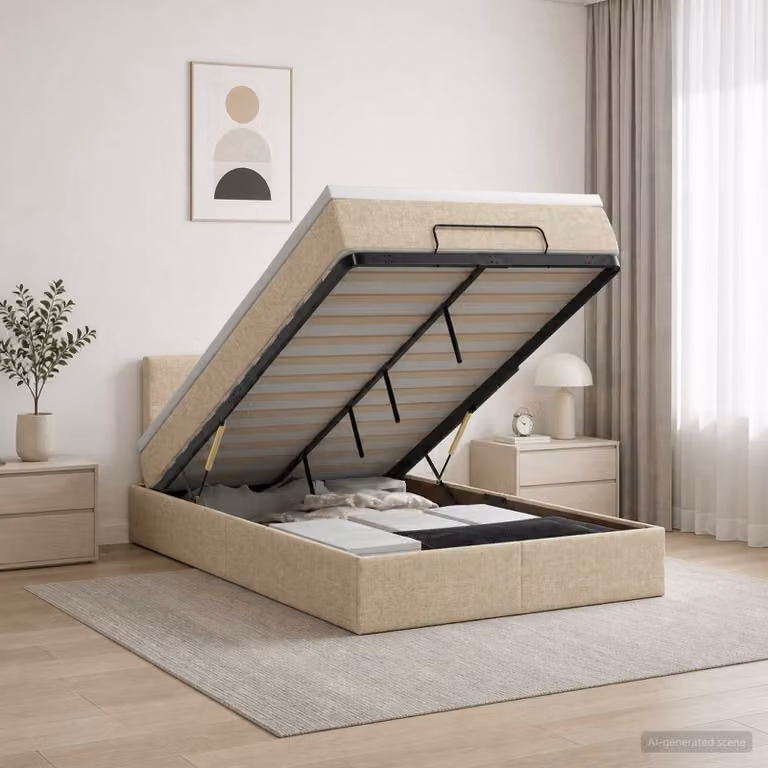Letto Ottomano vidaXL con Materasso Ibrido e Illuminazione LED Sotto il Letto, Colore Beige e Bianco, L/P/H: 200 x 120 x 88 cm