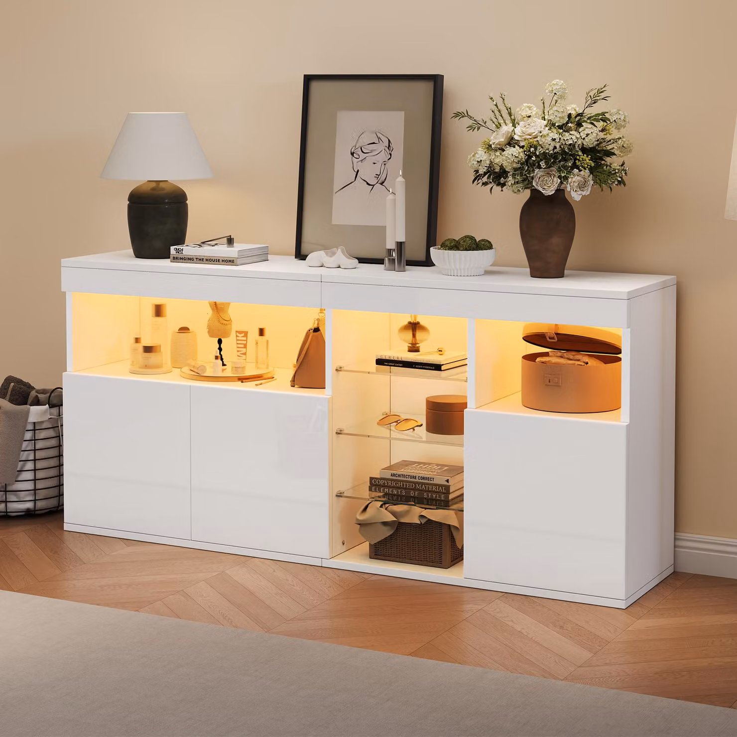 Credenza Merax lucida con LED, mobile da soggiorno a 3 ante con ripiani in vetro, credenza moderna senza maniglie, bianco