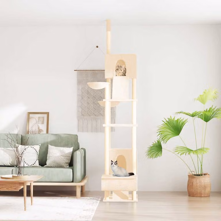 Albero per gatti da pavimento a soffitto vidaXL con amaca e cave in sisal e legno, beige, Altezza: 277-303 cm