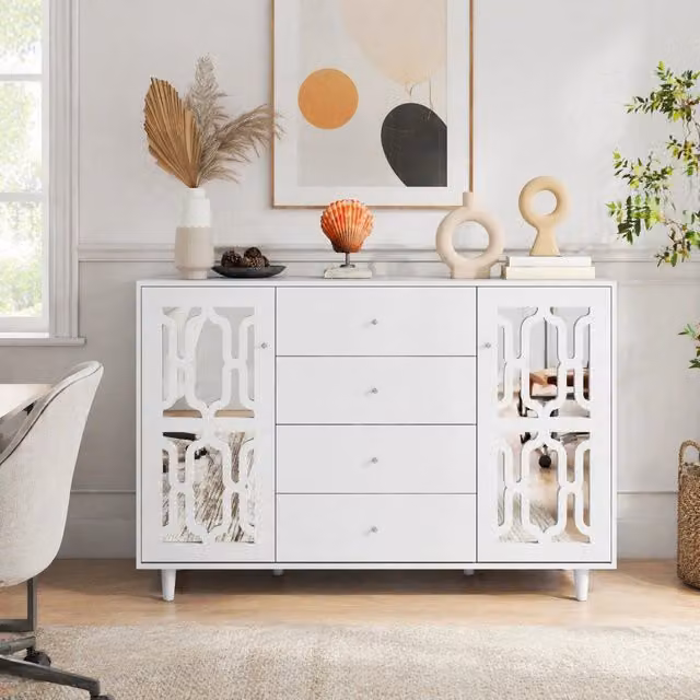 Credenza moderna bianca con ante in vetro e top a specchio per soggiorno o ingresso L: 102 cm, H: 40 cm, P: 40 cm