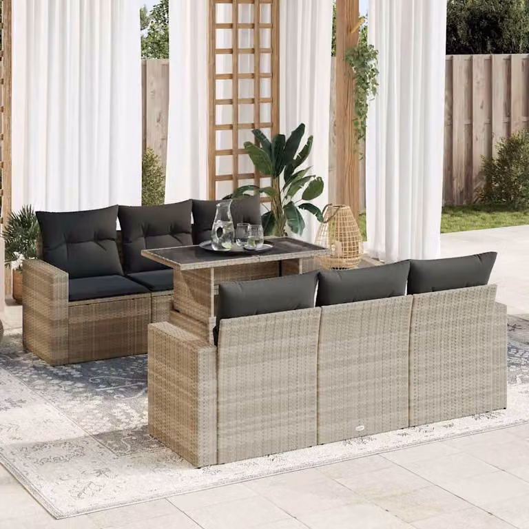 Set Divani da Giardino vidaXL 7 Pezzi con Cuscini Grigio Chiaro in Polyrattan e Metallo con Tavolino da Esterno