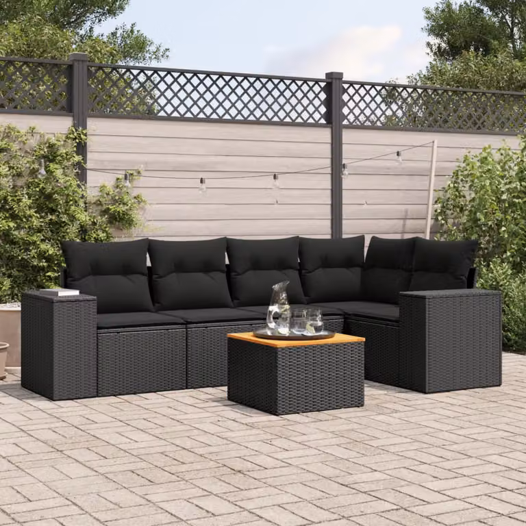 vidaXL Set Divano da Giardino a L in Polyrattan Nero con 6 Cuscini e Tavolino da Esterno
