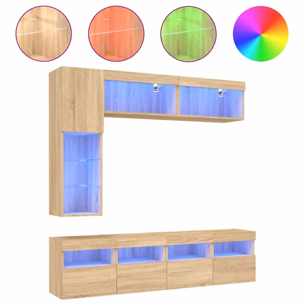 Set di mobili TV da parete vidaXL composto da 7 pezzi con luci LED integrate in finitura Rovere Sonoma e colore marrone – 2