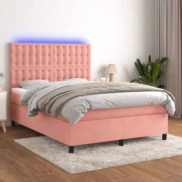 Letto matrimoniale con materasso ibrido vidaXL in velluto rosa e bianco con illuminazione LED e porta USB L/P/H: 140 x 200 x 144 cm