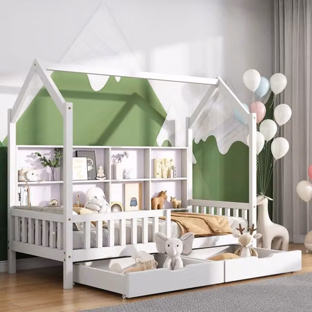Letto a casa per bambini bianco con funzione di stoccaggio in legno massello di pino 90x200 cm