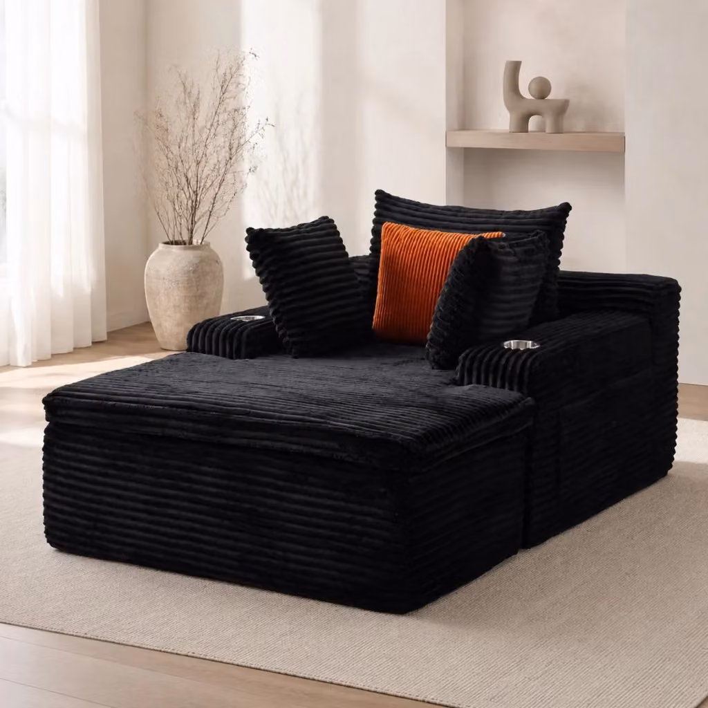 Poltrona da pavimento con chaise longue MIVRAY in velluto a coste nero con 3 cuscini e cuscino coperta 2 in 1 – 2