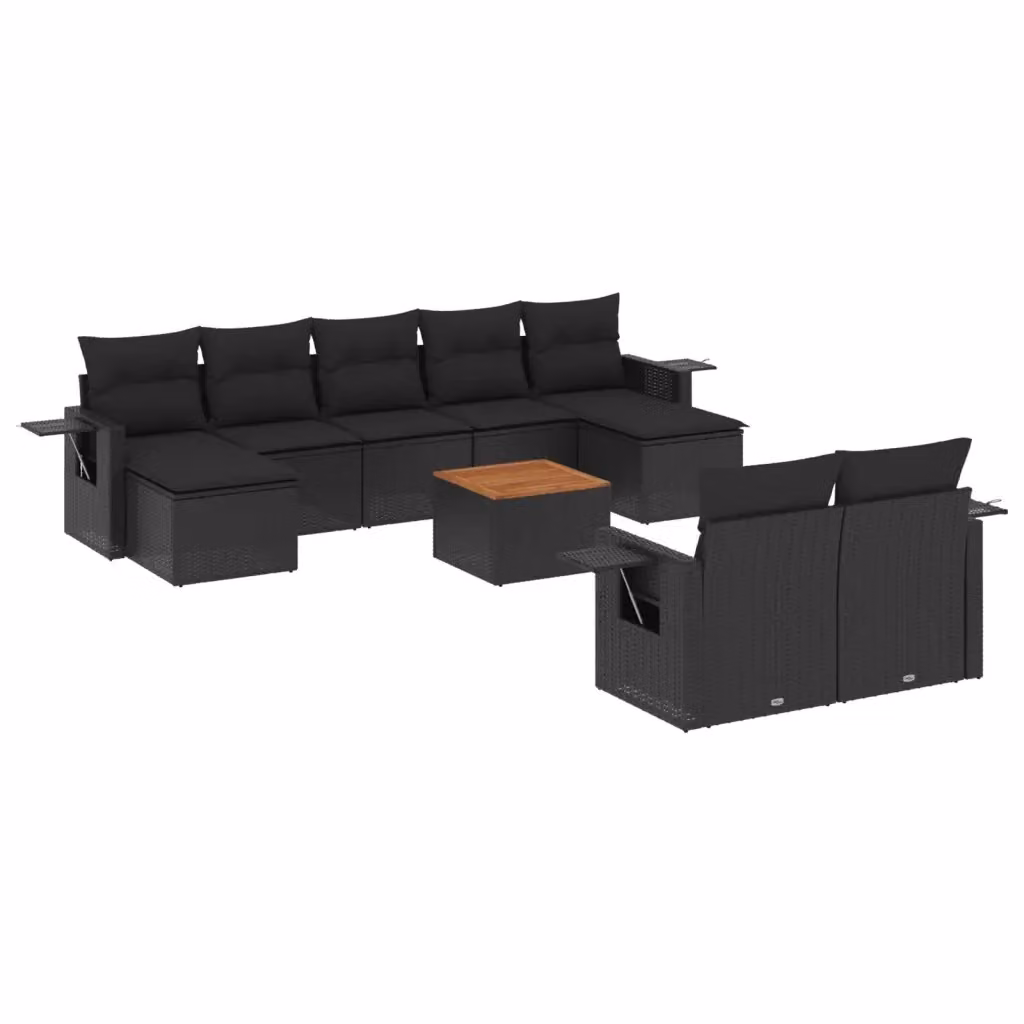 Set di divani da giardino vidaXL in polyrattan nero con cuscini, tavolino e pouf a forma di U – 2