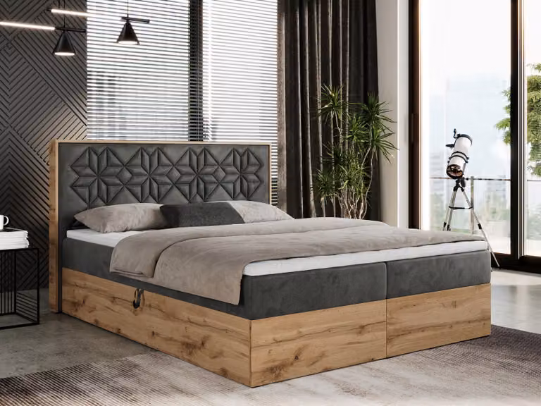 Letto boxspring 180x200 con contenitore, letto imbottito 180x200 con materasso H3, letto boxspring 180x200 con testiera, letto boxspring in legno massello - Nessi - Grigio scuro Velvet - H3