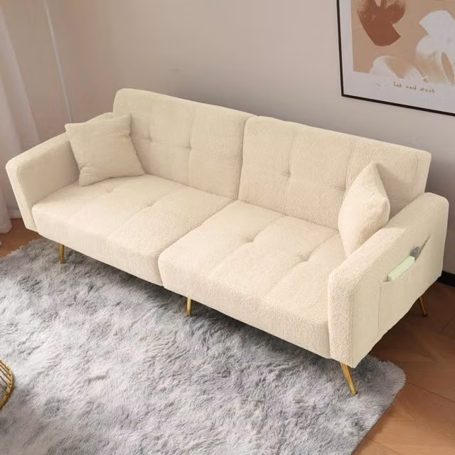 Divano letto reclinabile REDOM in tessuto Sherpa beige con tasche laterali L/P/H: 175 x 64 x 72 cm