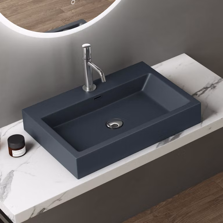 doporro Lavabo da Appoggio Rettangolare, Lavabo Bagno Sospeso con Foro Rubinetto e Troppopieno, Lavandino in Marmo Resina Antracite Opaco 60x42x10cm, Colossum06