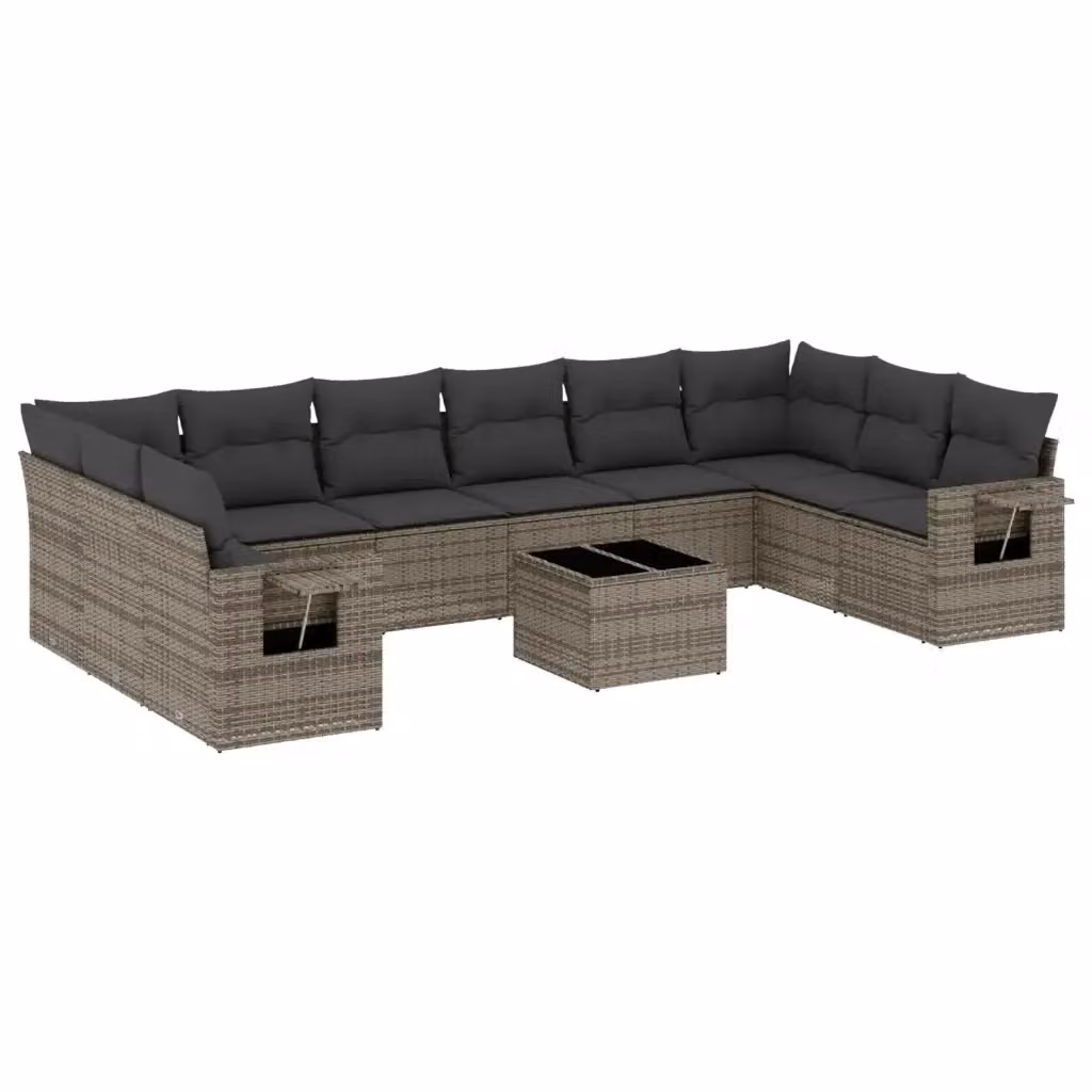 vidaXL Set Divani da Giardino 11 pz a Forma a L con Cuscini in Polyrattan e Tavolino, Grigio – 2